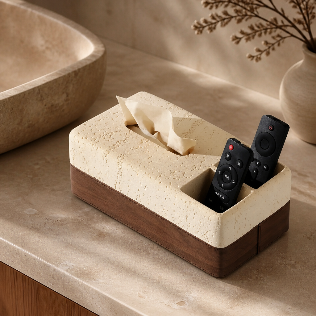 Travertine & Walnut Tissue Box