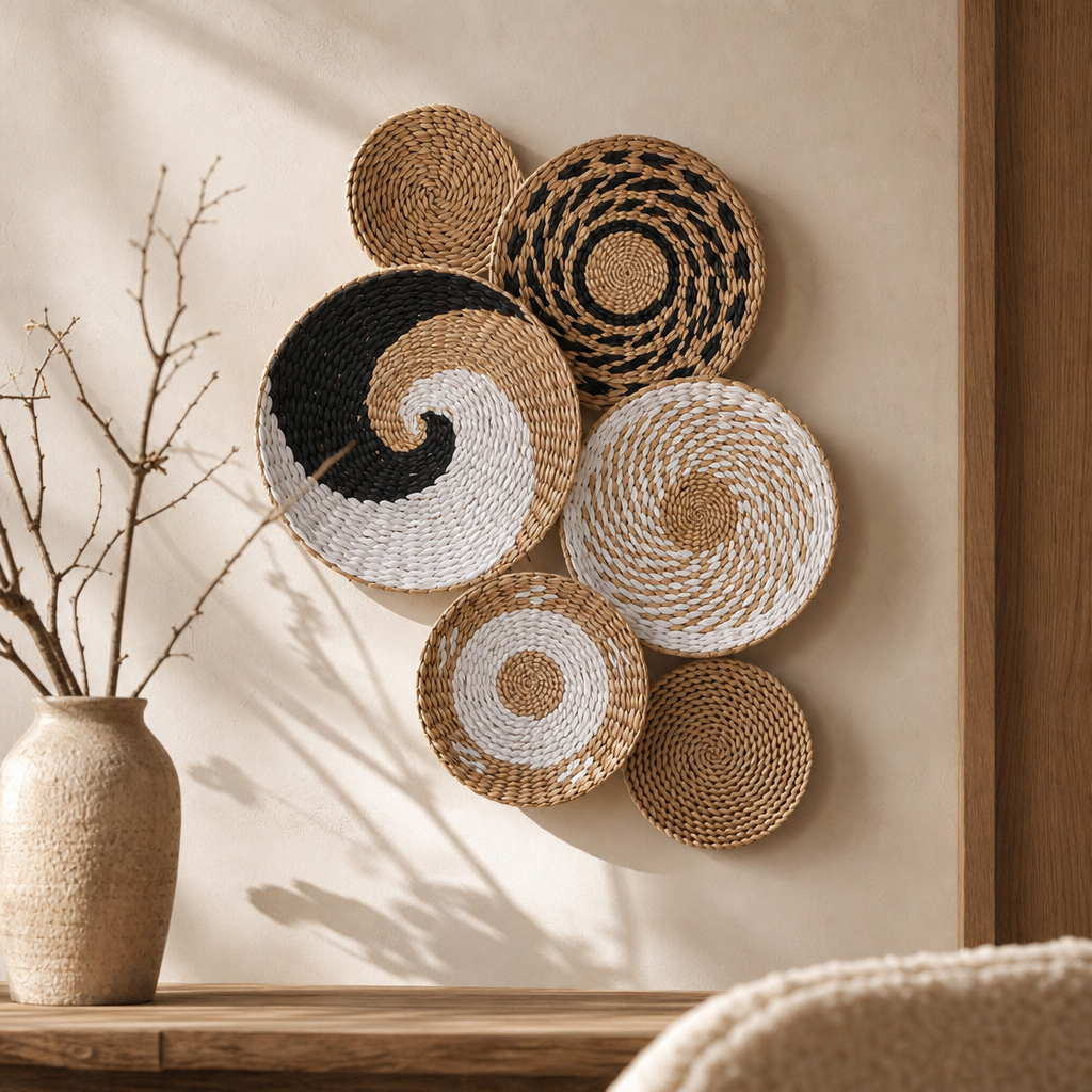 Boho Round Beige Woven Wall Basket