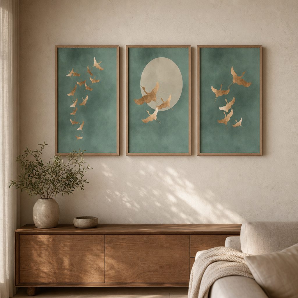 Set of 3 Japandi Round Sage Green Canvas Wall Art