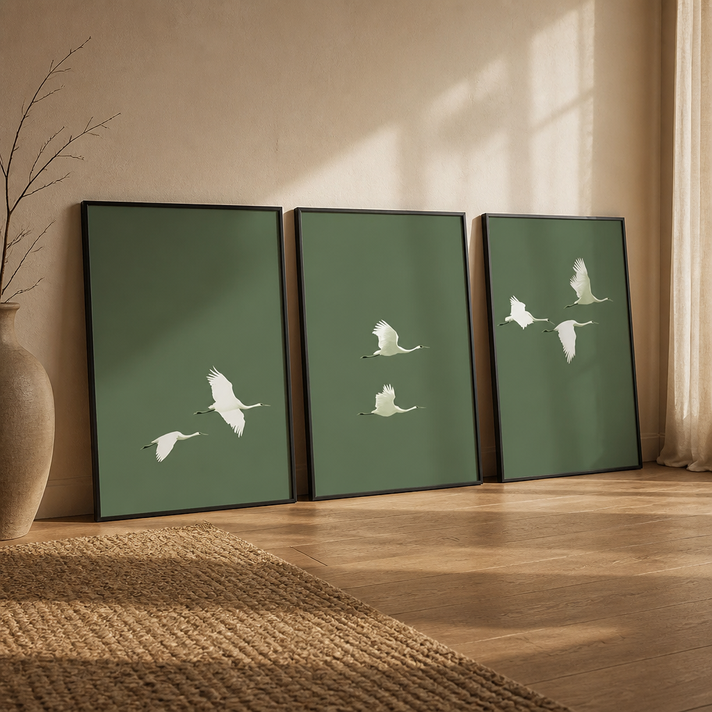 Set of 3 Japandi Rectangular Sage Green Canvas Wall Art