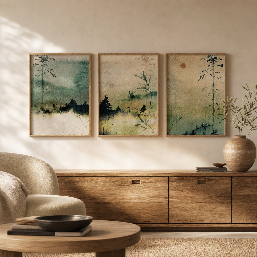 Set of 3 Japandi Rectangular Green Canvas Wall Art
