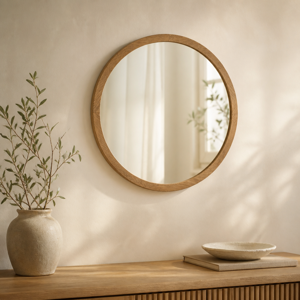 Japandi Round Brown Wall Mirror
