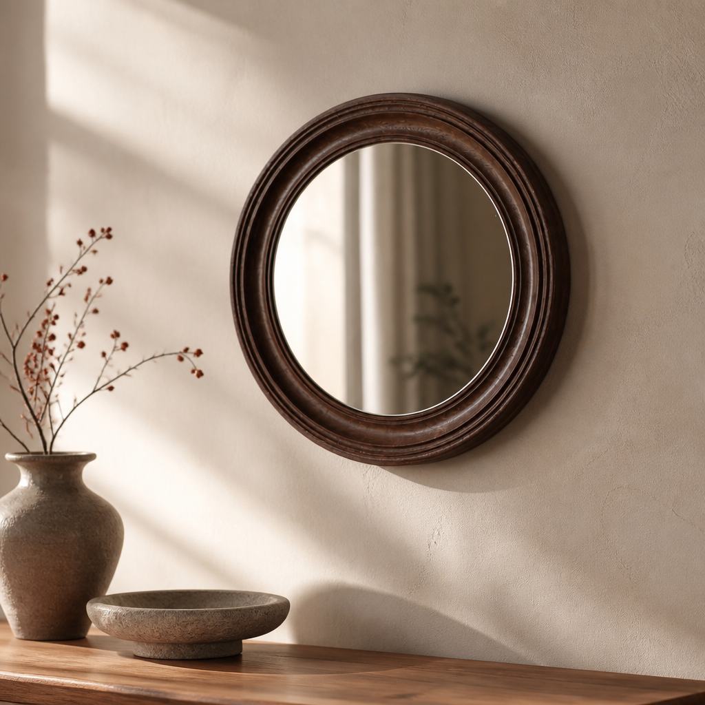 Rustic Round Walnut Wall Mirror