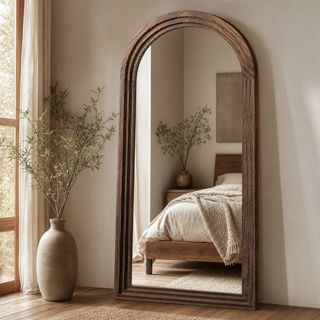 Rustic Arched Brown Full-Length Wall Mirror