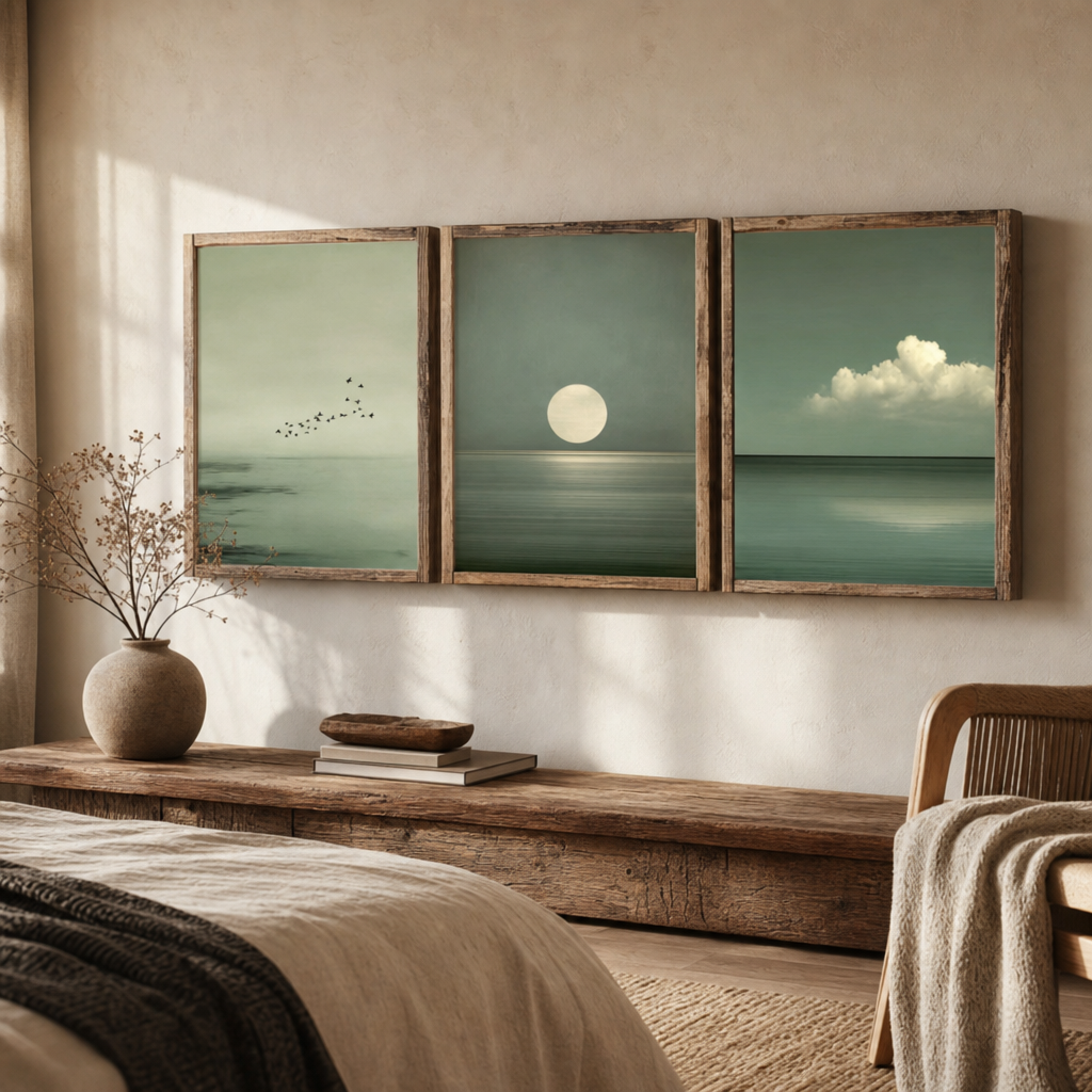 Set of 3 Japandi Sage Green Canvas Wall Art