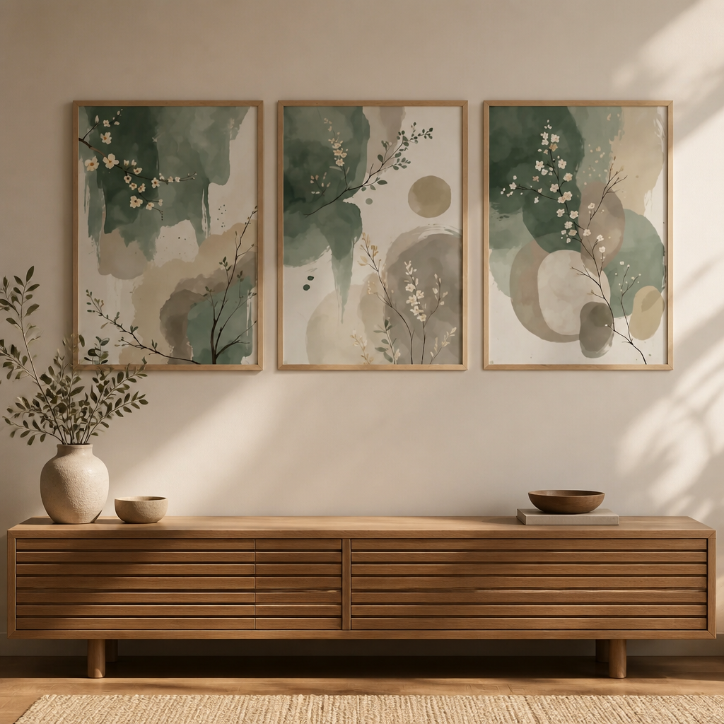 Set of 3 Japandi Sage Green Canvas Wall Art