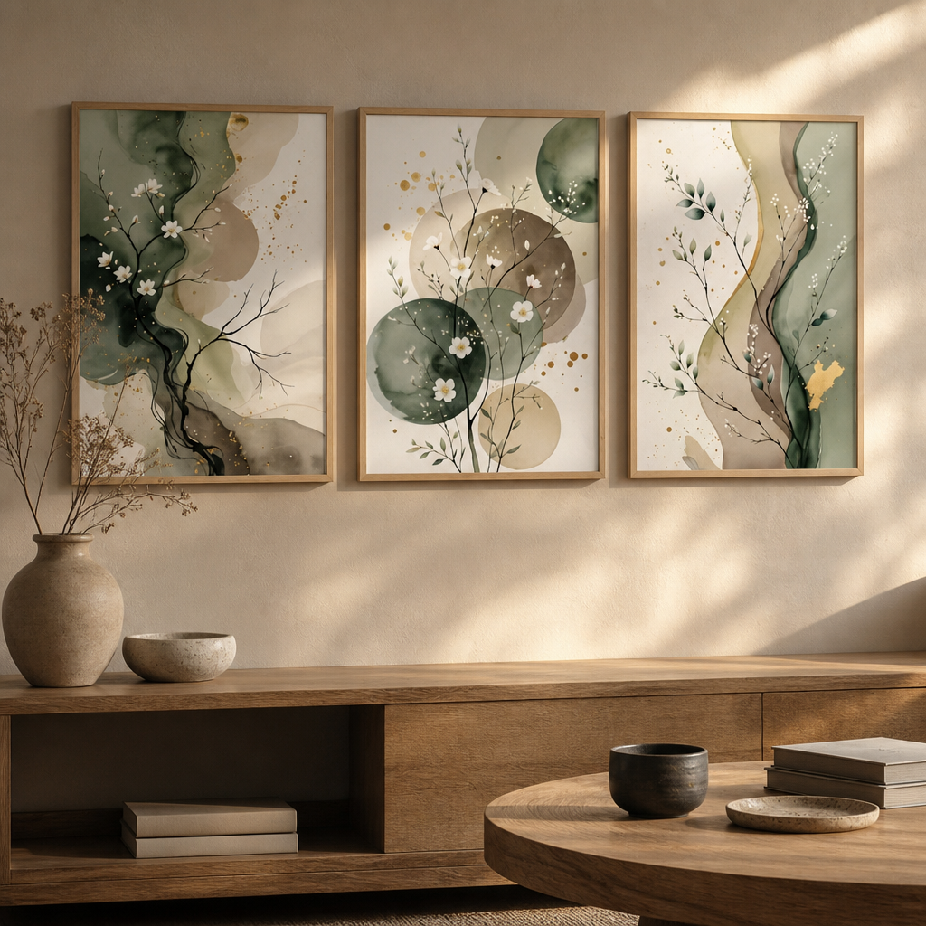 Set of 3 Japandi Sage Green Canvas Wall Art
