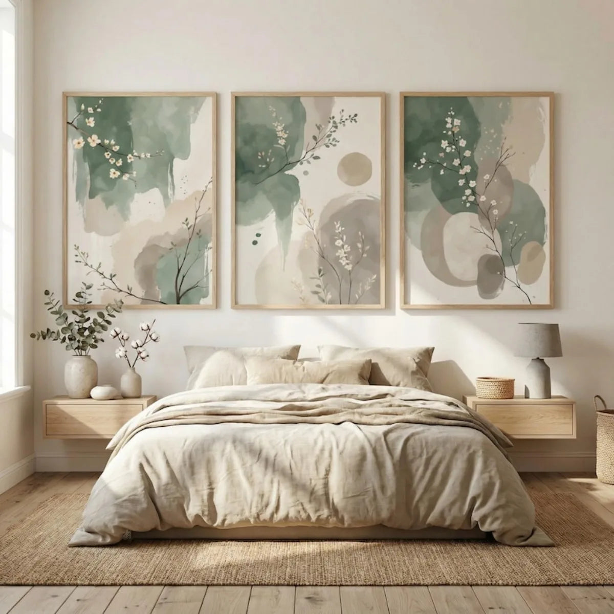 Set of 3 Japandi Sage Green Canvas Wall Art