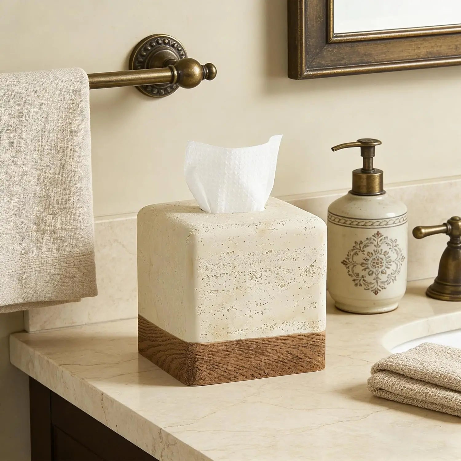 Wood-Grain Travertine Tissue Box
