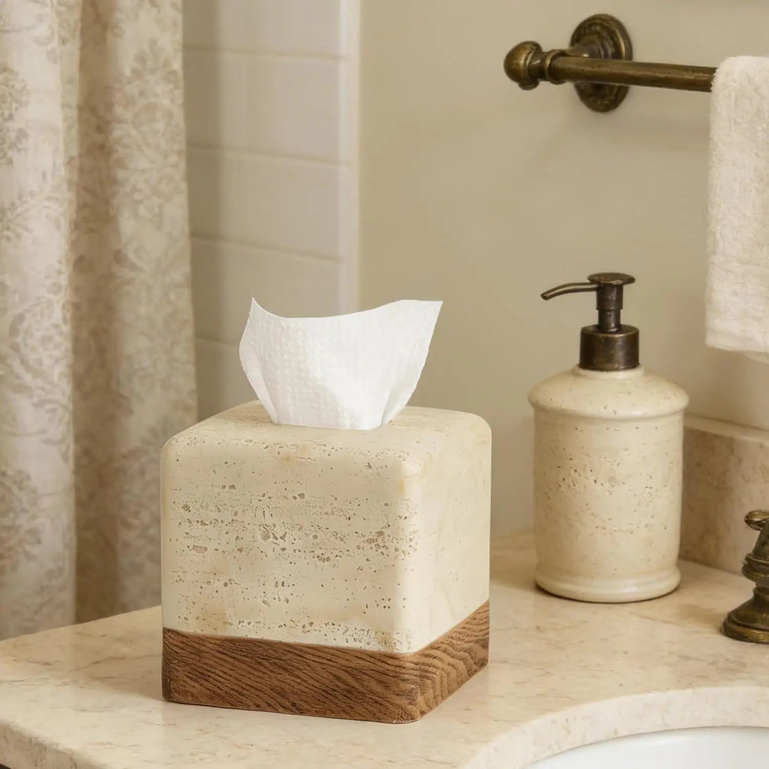 Wood-Grain Travertine Tissue Box