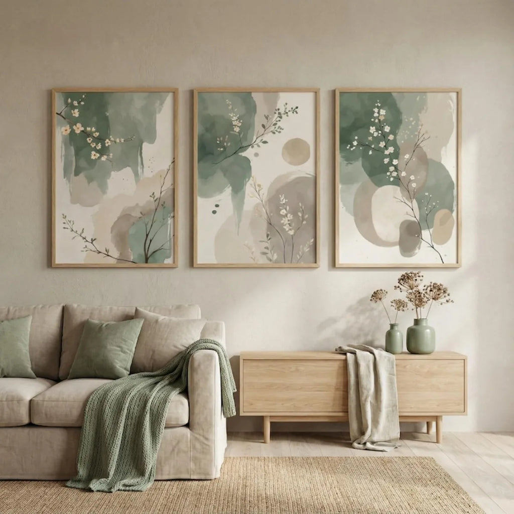 Set of 3 Japandi Sage Green Canvas Wall Art