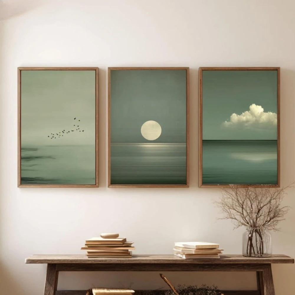 Set of 3 Japandi Sage Green Canvas Wall Art