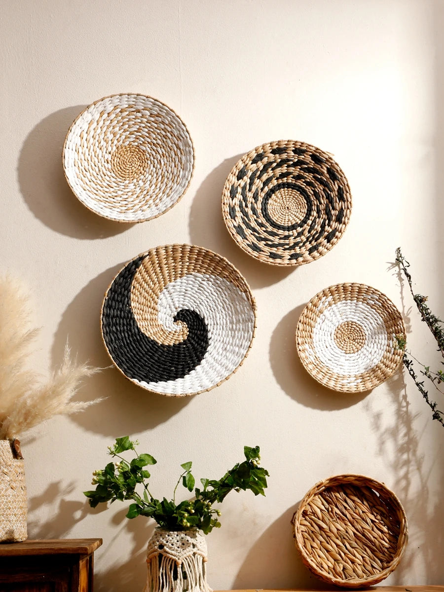 Boho Round Beige Woven Wall Basket