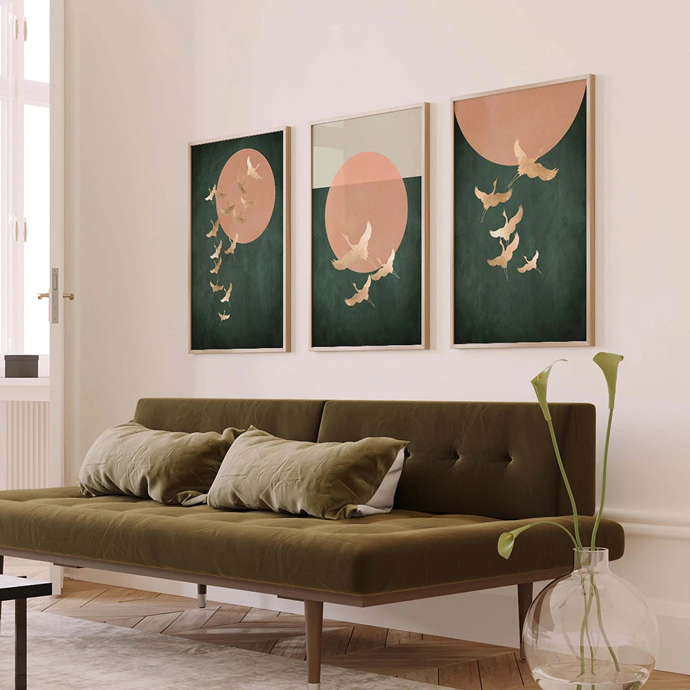 Set of 3 Japandi Round Sage Green Canvas Wall Art