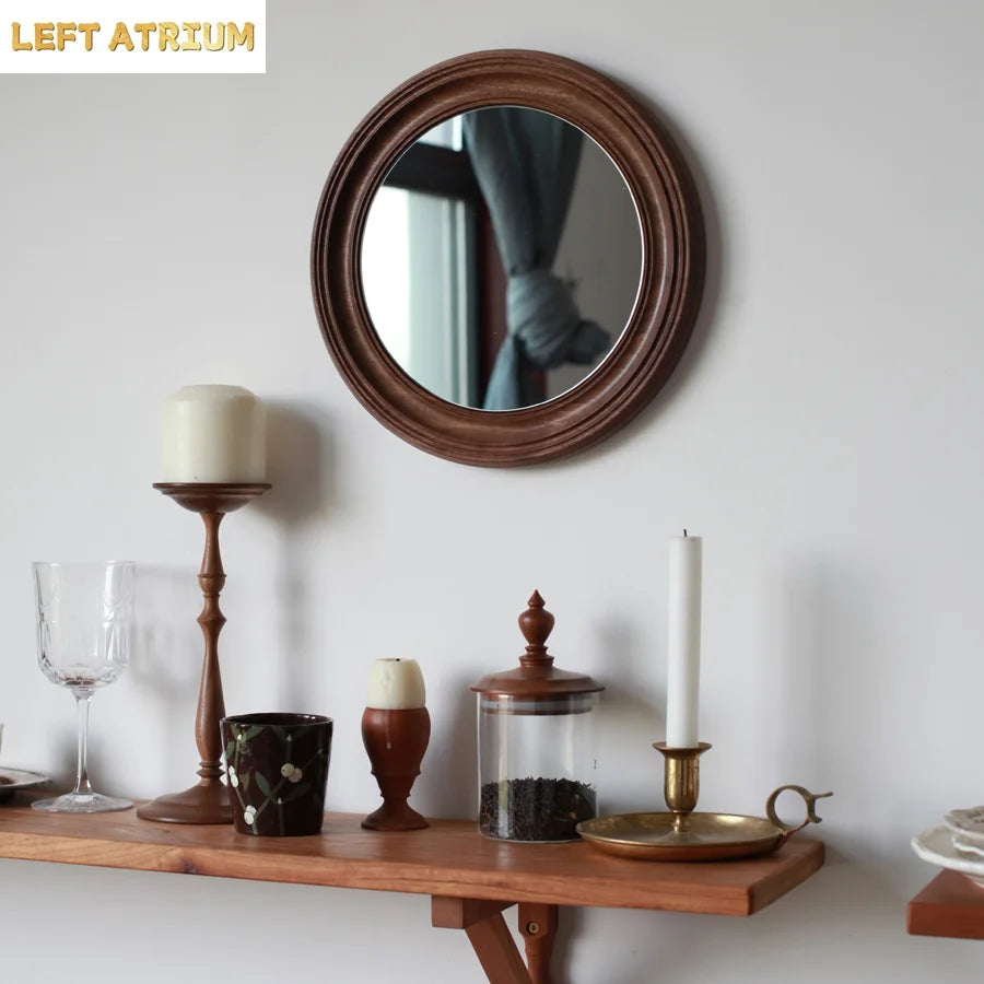Rustic Round Walnut Wall Mirror