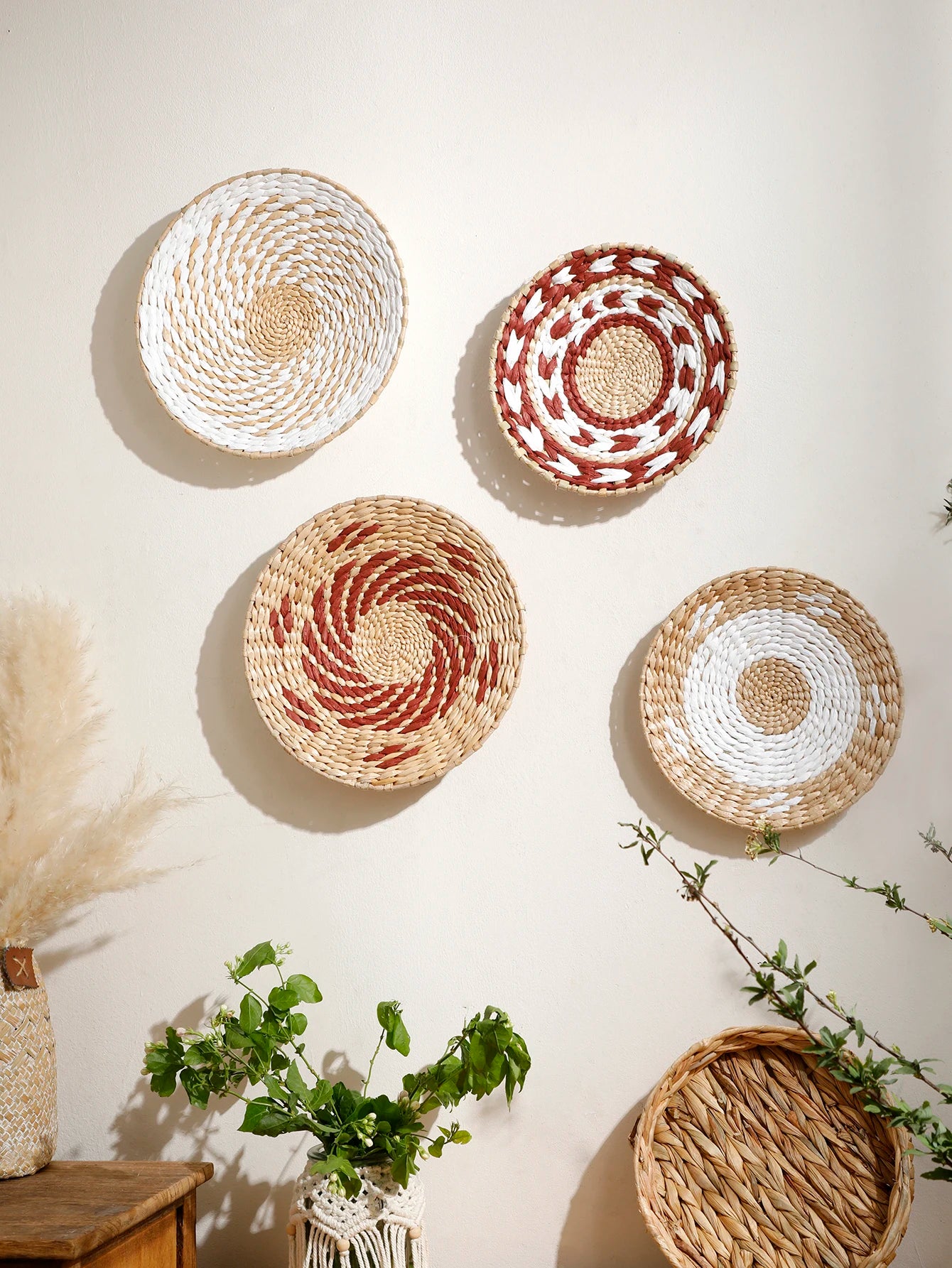 Boho Round Beige Woven Wall Basket