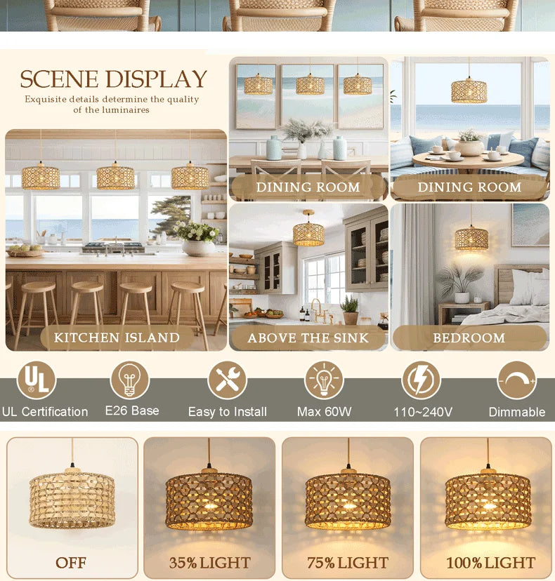 Retro Rattan Pendant Chandelier