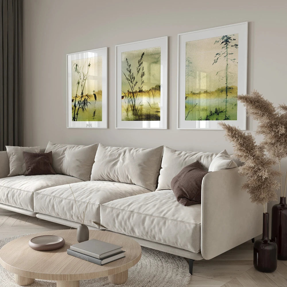 Set of 3 Japandi Rectangular Green Canvas Wall Art