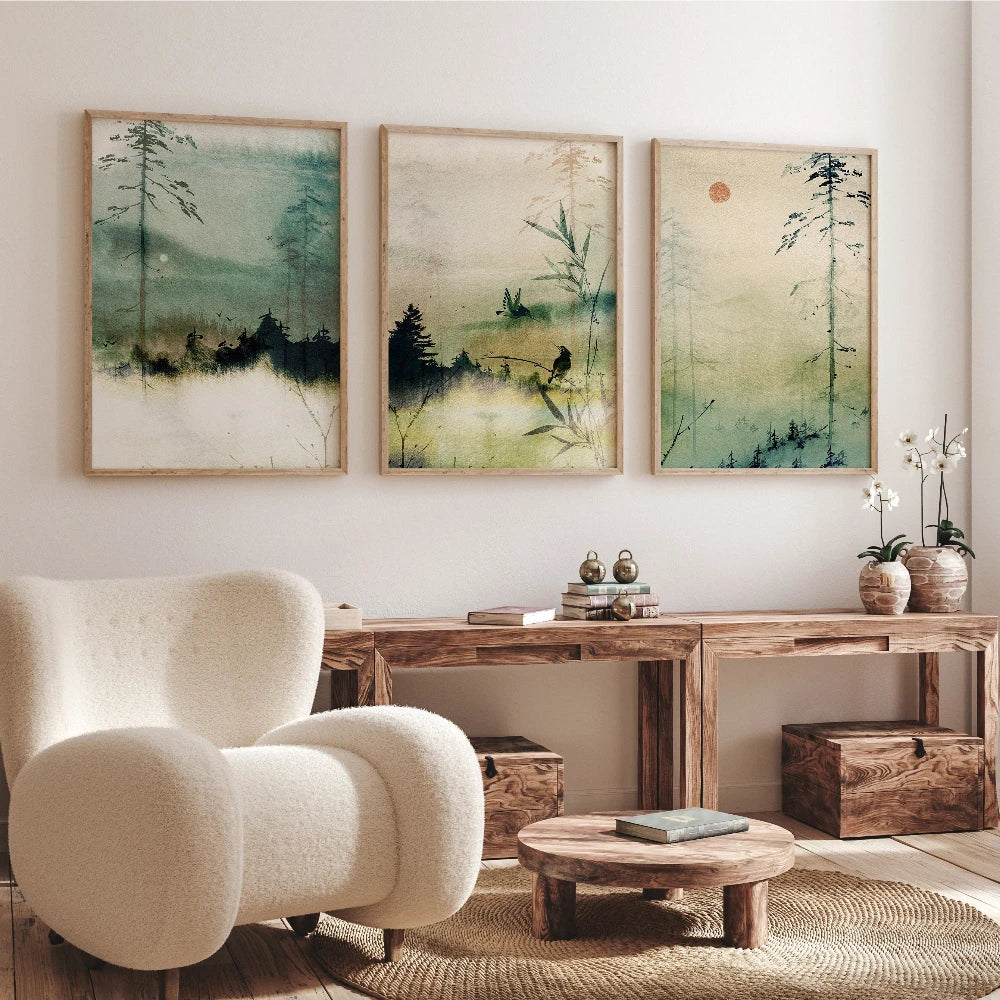 Set of 3 Japandi Rectangular Green Canvas Wall Art