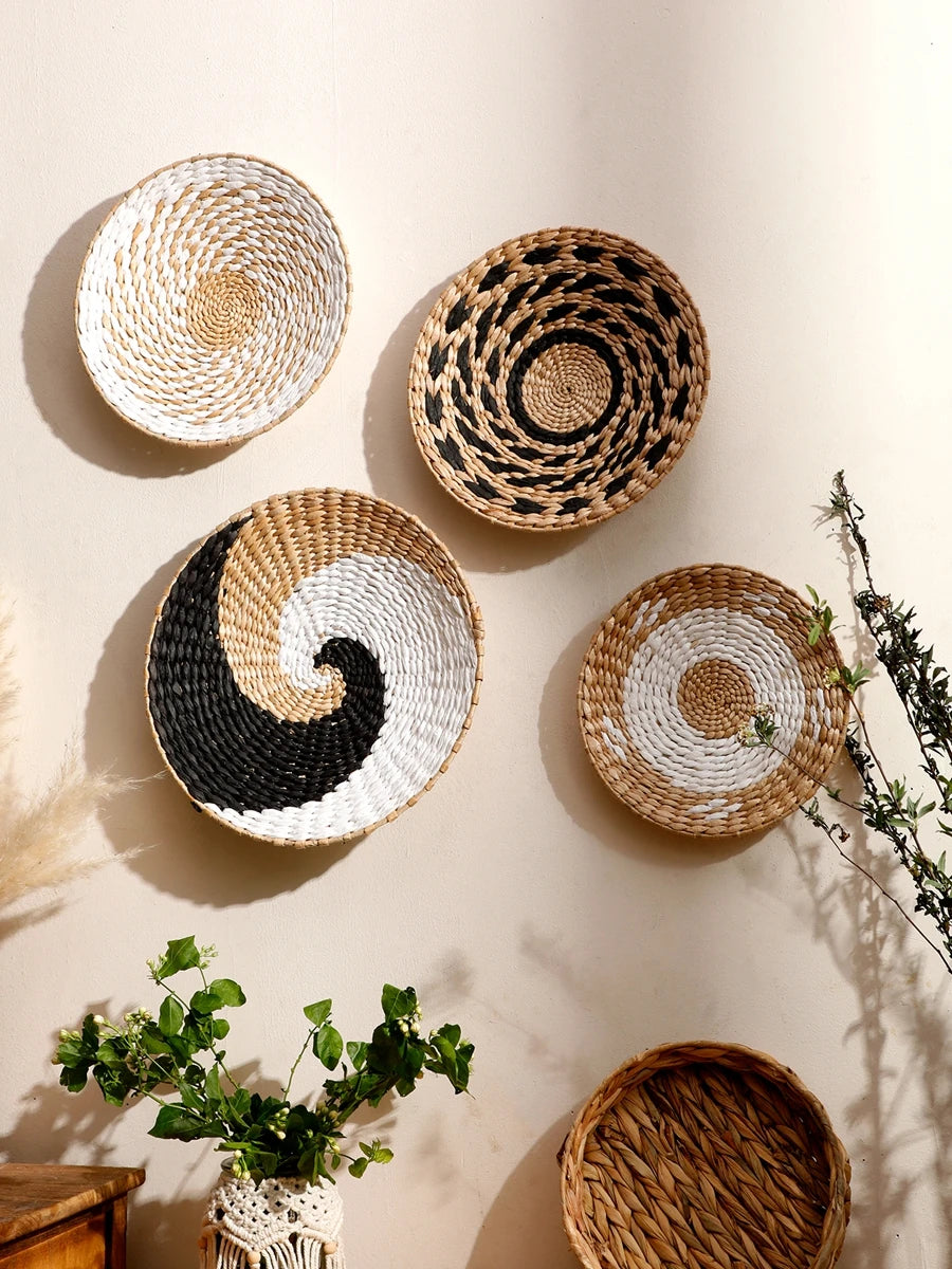 Boho Round Beige Woven Wall Basket