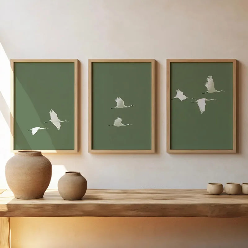 Set of 3 Japandi Rectangular Sage Green Canvas Wall Art