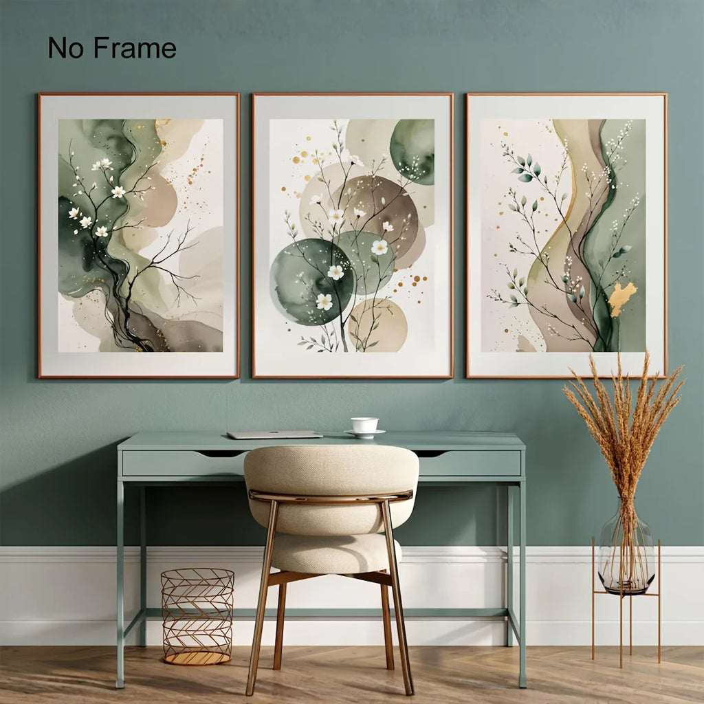 Set of 3 Japandi Sage Green Canvas Wall Art