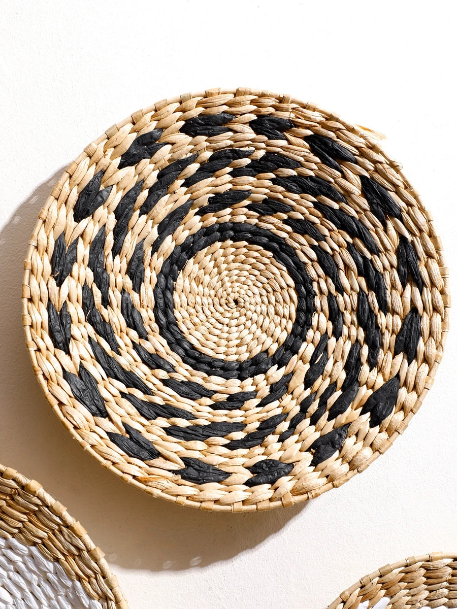 Boho Round Beige Woven Wall Basket