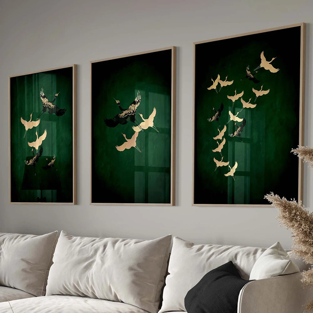 Set of 3 Japandi Round Sage Green Canvas Wall Art