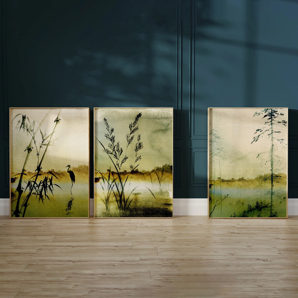 Set of 3 Japandi Rectangular Green Canvas Wall Art
