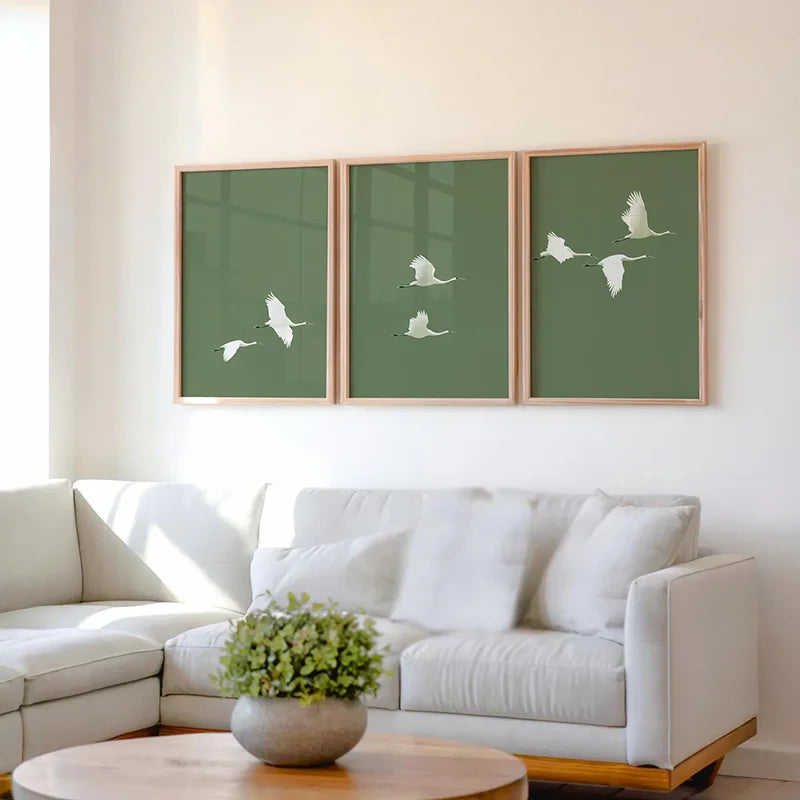 Set of 3 Japandi Rectangular Sage Green Canvas Wall Art