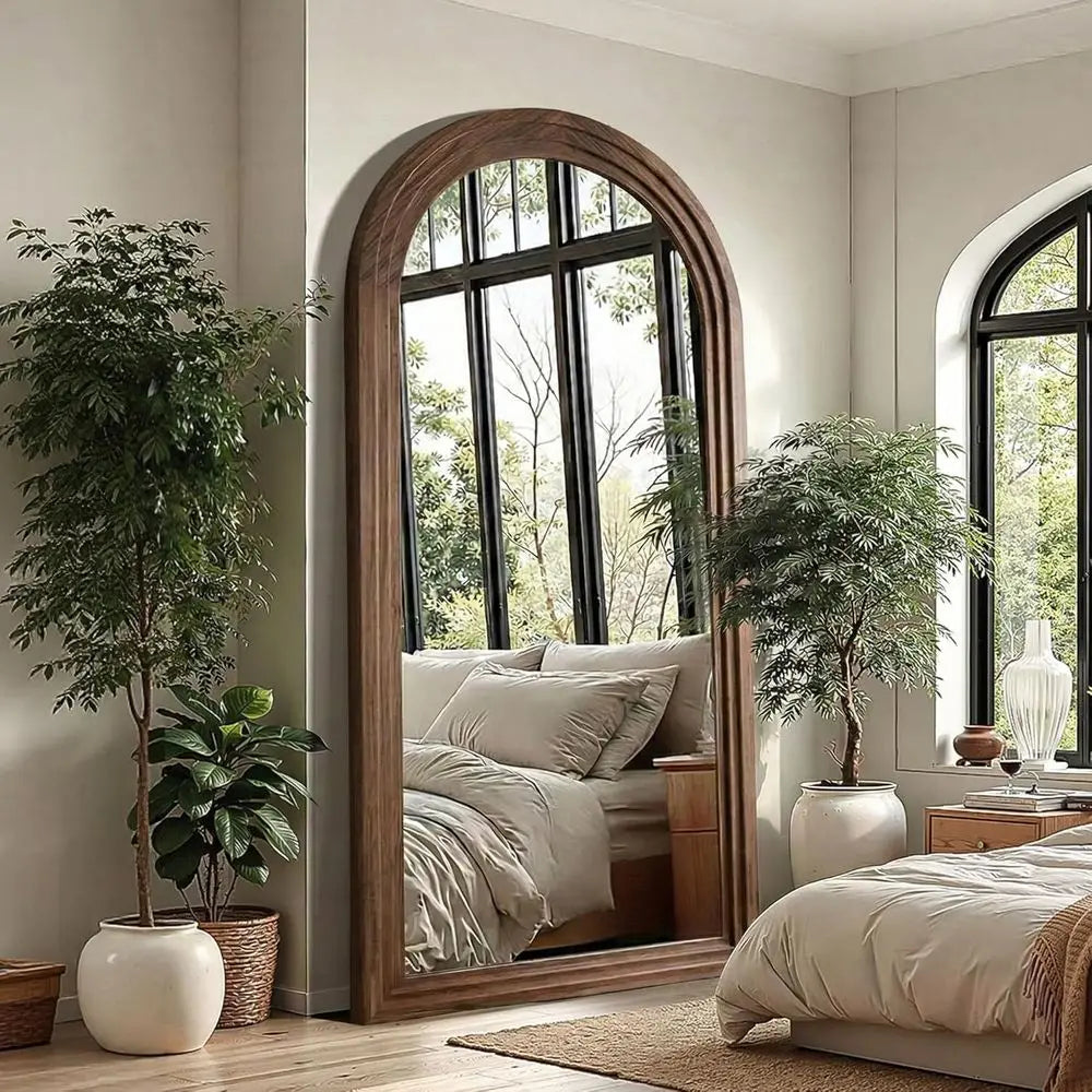 Rustic Arched Brown Full-Length Wall Mirror