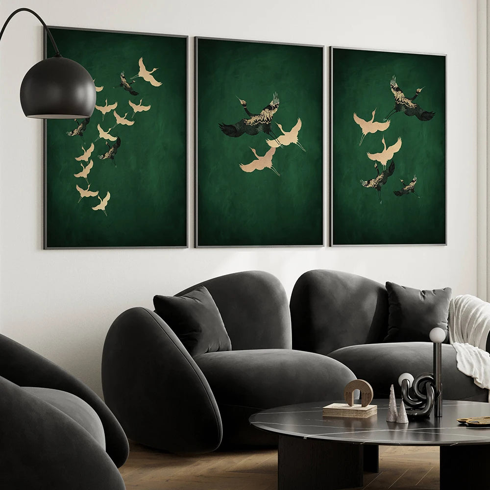Set of 3 Japandi Round Sage Green Canvas Wall Art