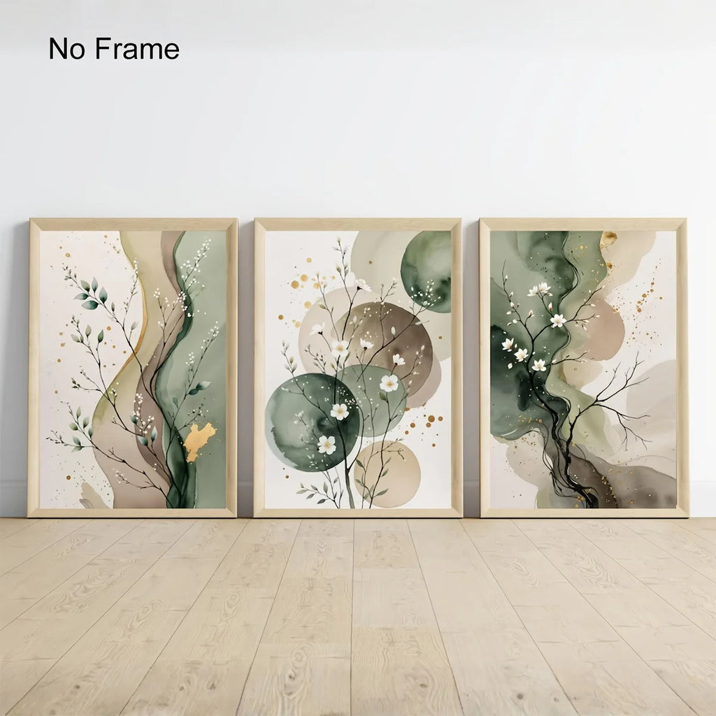 Set of 3 Japandi Sage Green Canvas Wall Art