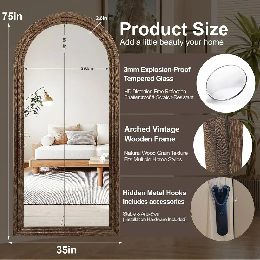 Rustic Arched Brown Full-Length Wall Mirror