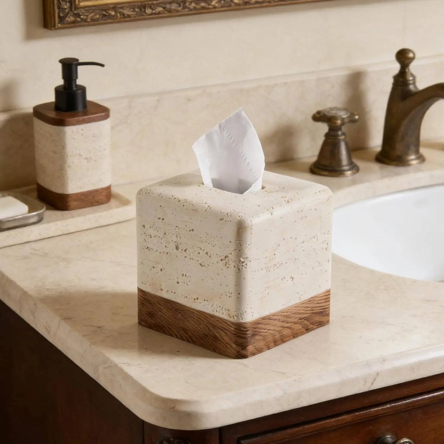Wood-Grain Travertine Tissue Box