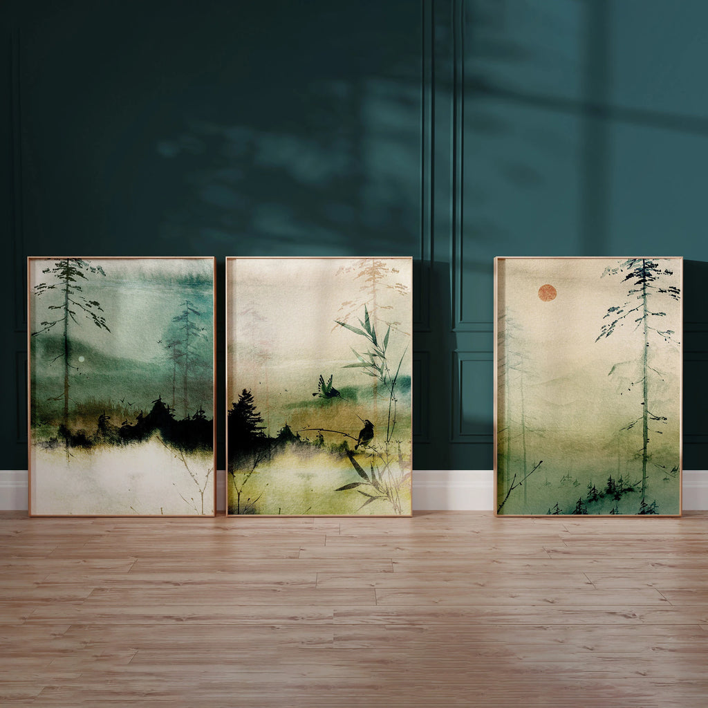 Set of 3 Japandi Rectangular Green Canvas Wall Art