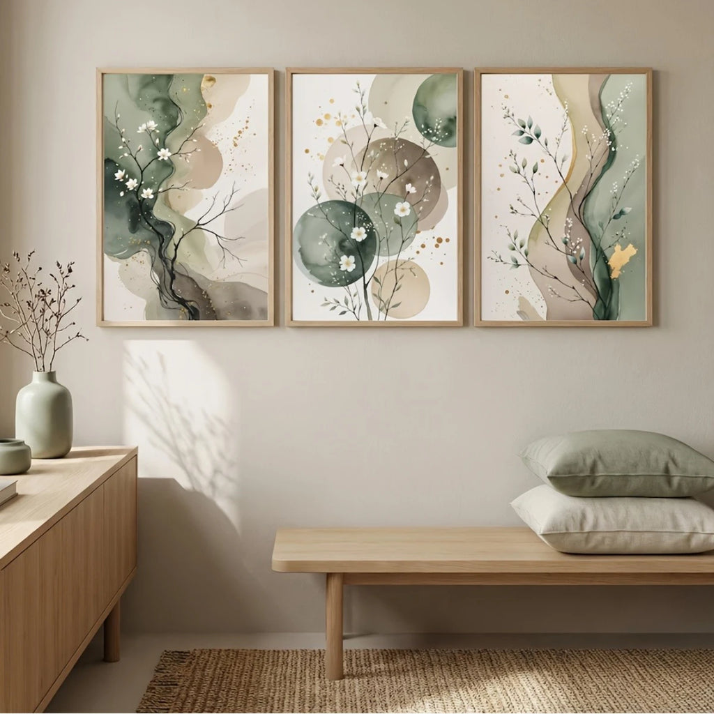 Set of 3 Japandi Sage Green Canvas Wall Art