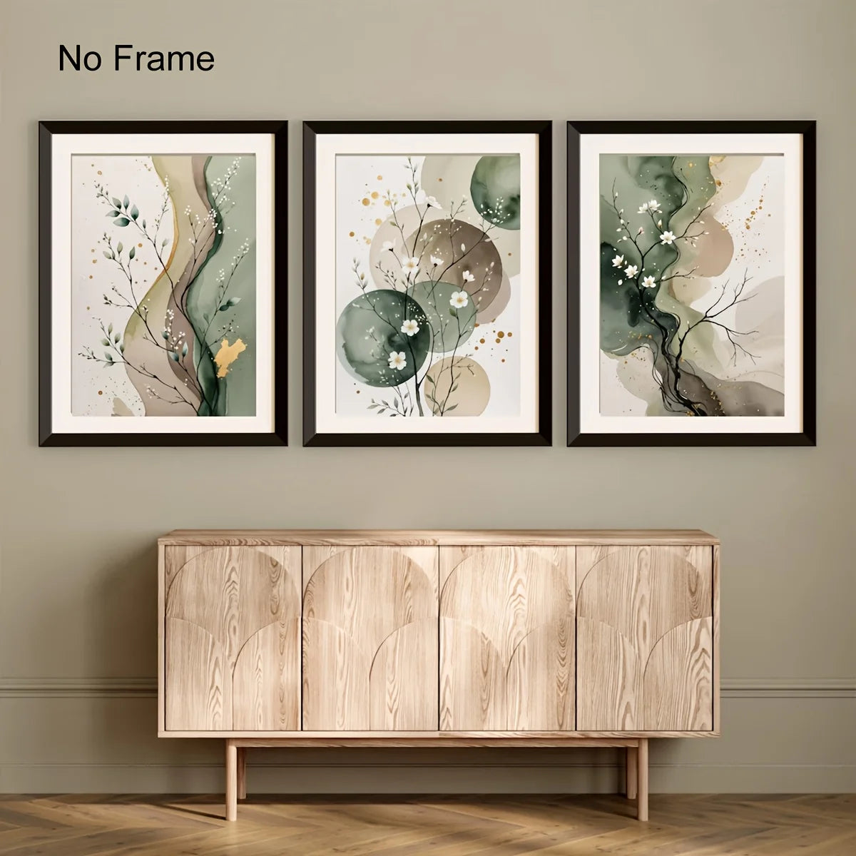 Set of 3 Japandi Sage Green Canvas Wall Art