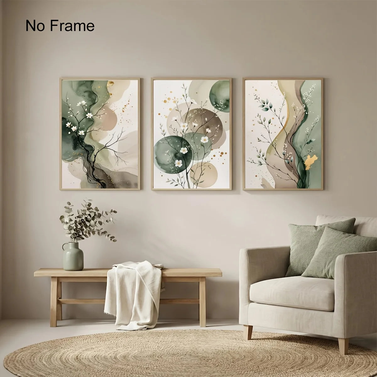 Set of 3 Japandi Sage Green Canvas Wall Art