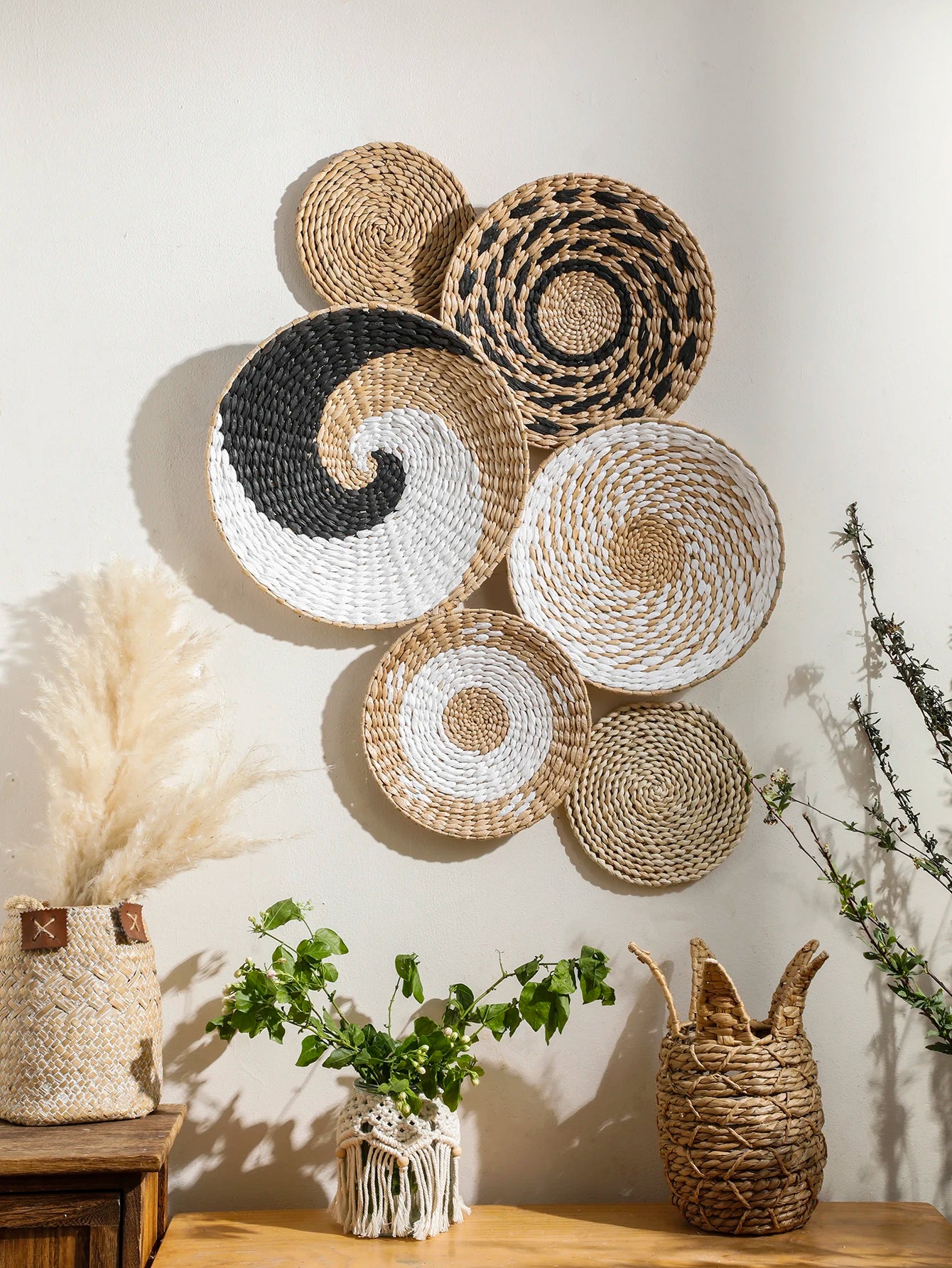 Boho Round Beige Woven Wall Basket