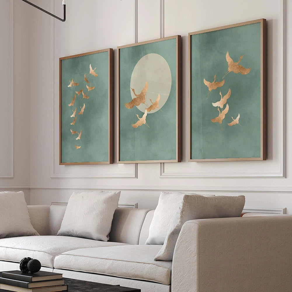 Set of 3 Japandi Round Sage Green Canvas Wall Art