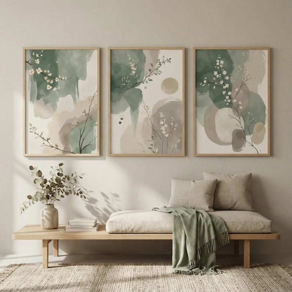 Set of 3 Japandi Sage Green Canvas Wall Art