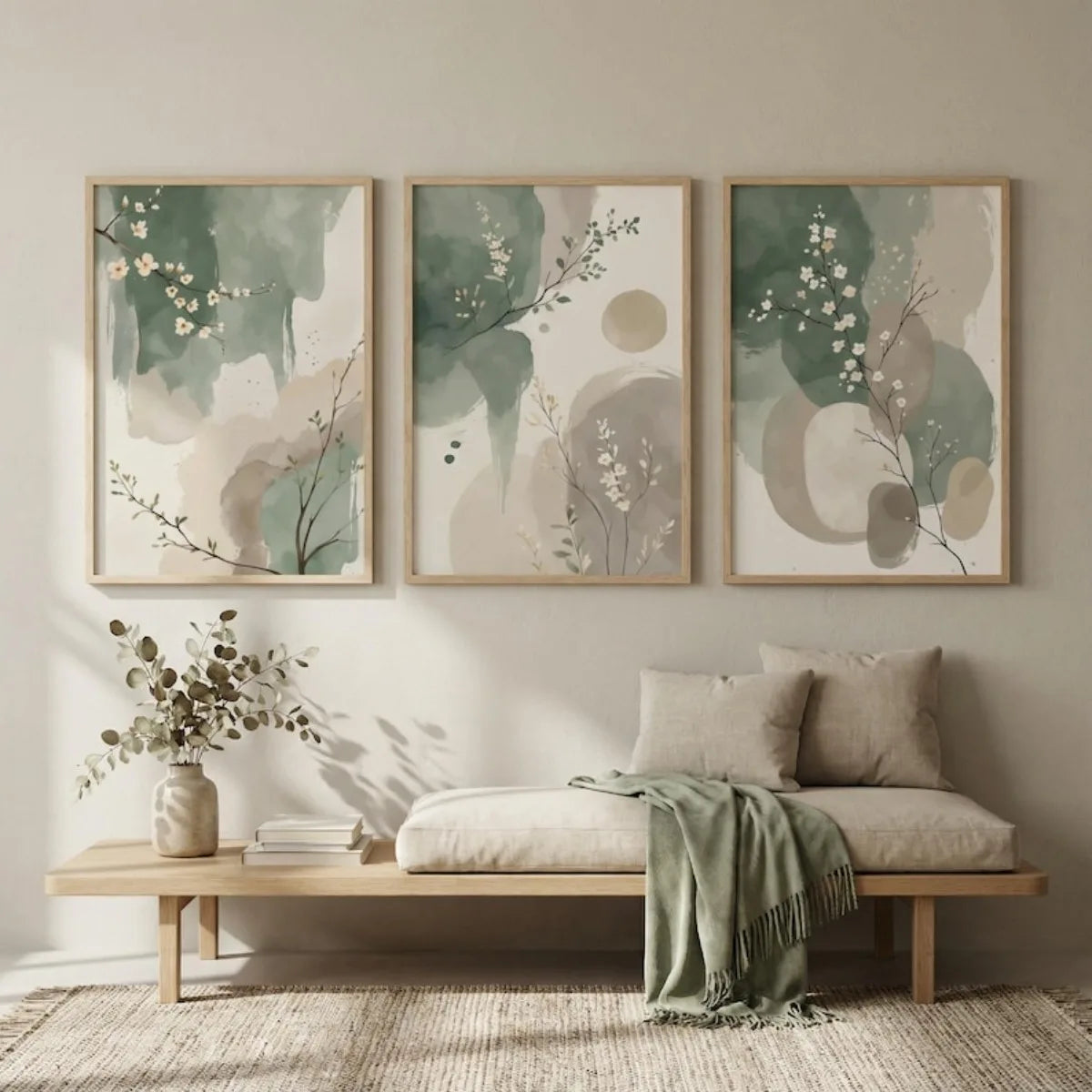Set of 3 Japandi Sage Green Canvas Wall Art