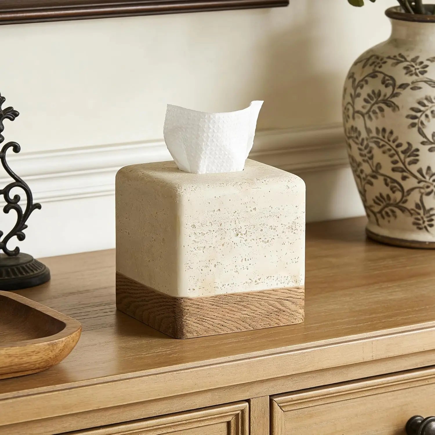 Wood-Grain Travertine Tissue Box