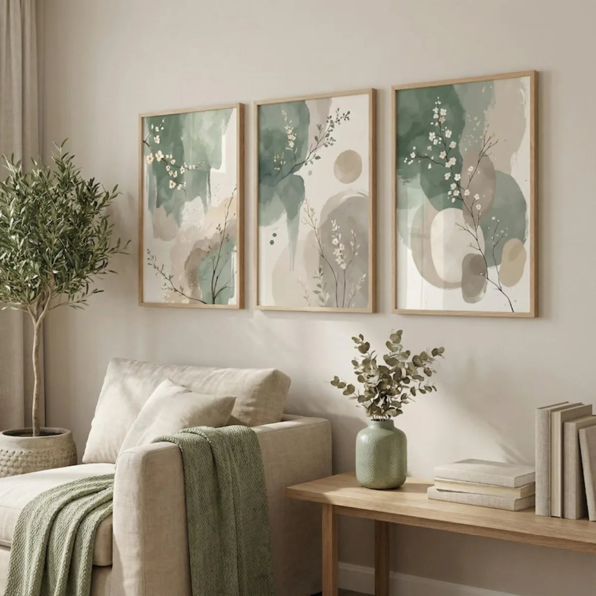 Set of 3 Japandi Sage Green Canvas Wall Art