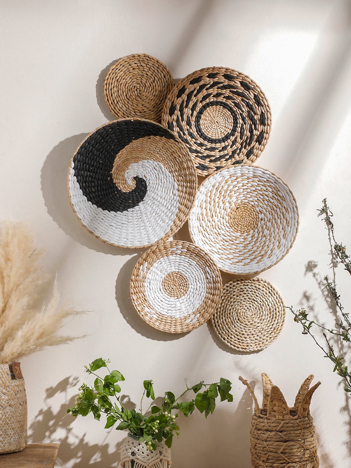 Boho Round Beige Woven Wall Basket