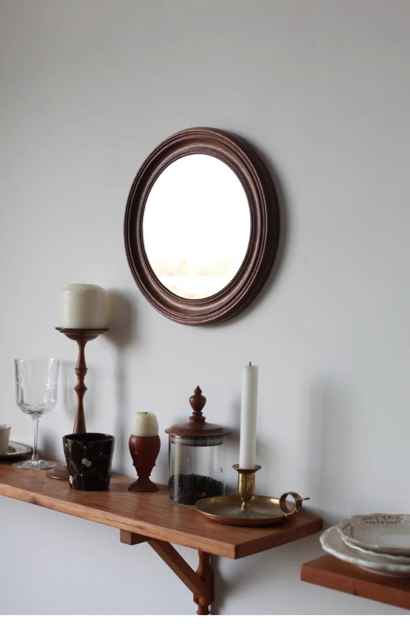 Rustic Round Walnut Wall Mirror