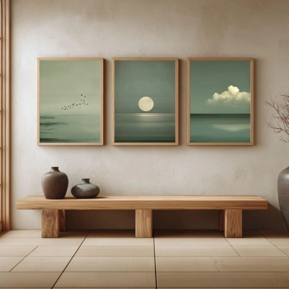 Set of 3 Japandi Sage Green Canvas Wall Art