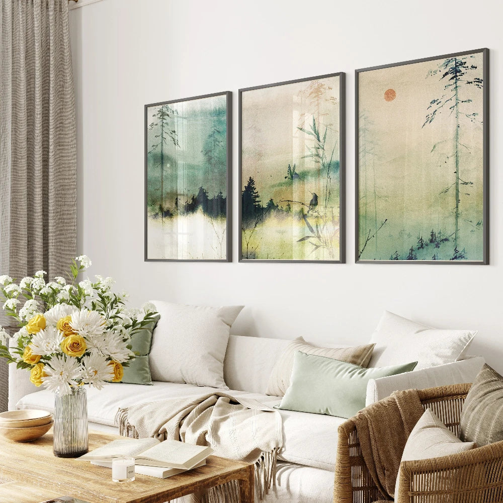 Set of 3 Japandi Rectangular Green Canvas Wall Art