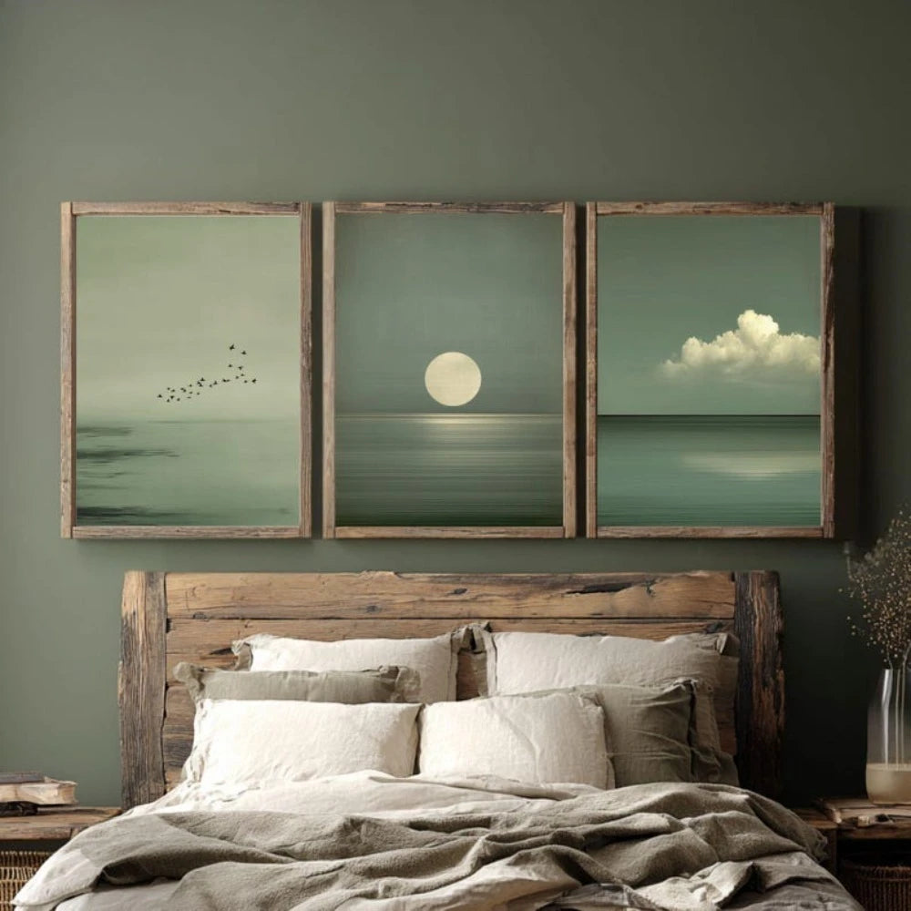 Set of 3 Japandi Sage Green Canvas Wall Art